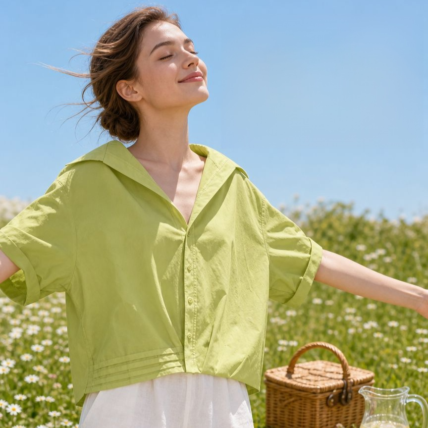 Summer Dopamine Style Green Short-Sleeved Shirt for Women, Sweet and Youthful Design