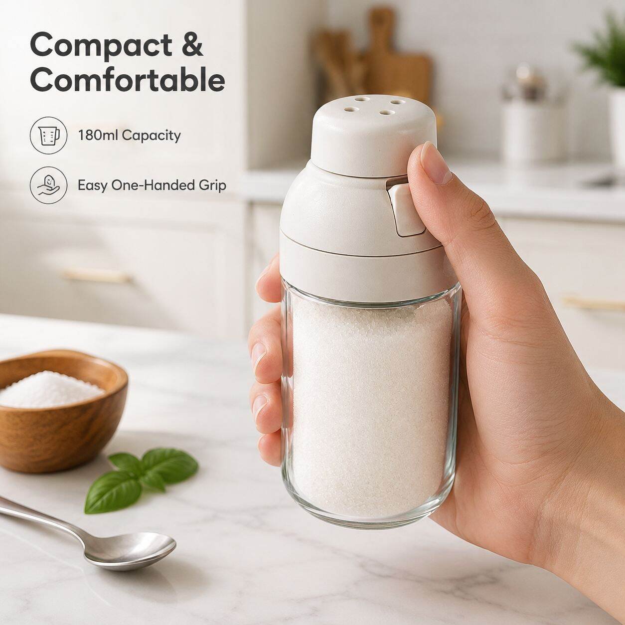 Salt-Control Measuring Dispenser - Sealed Glass Spice Jar