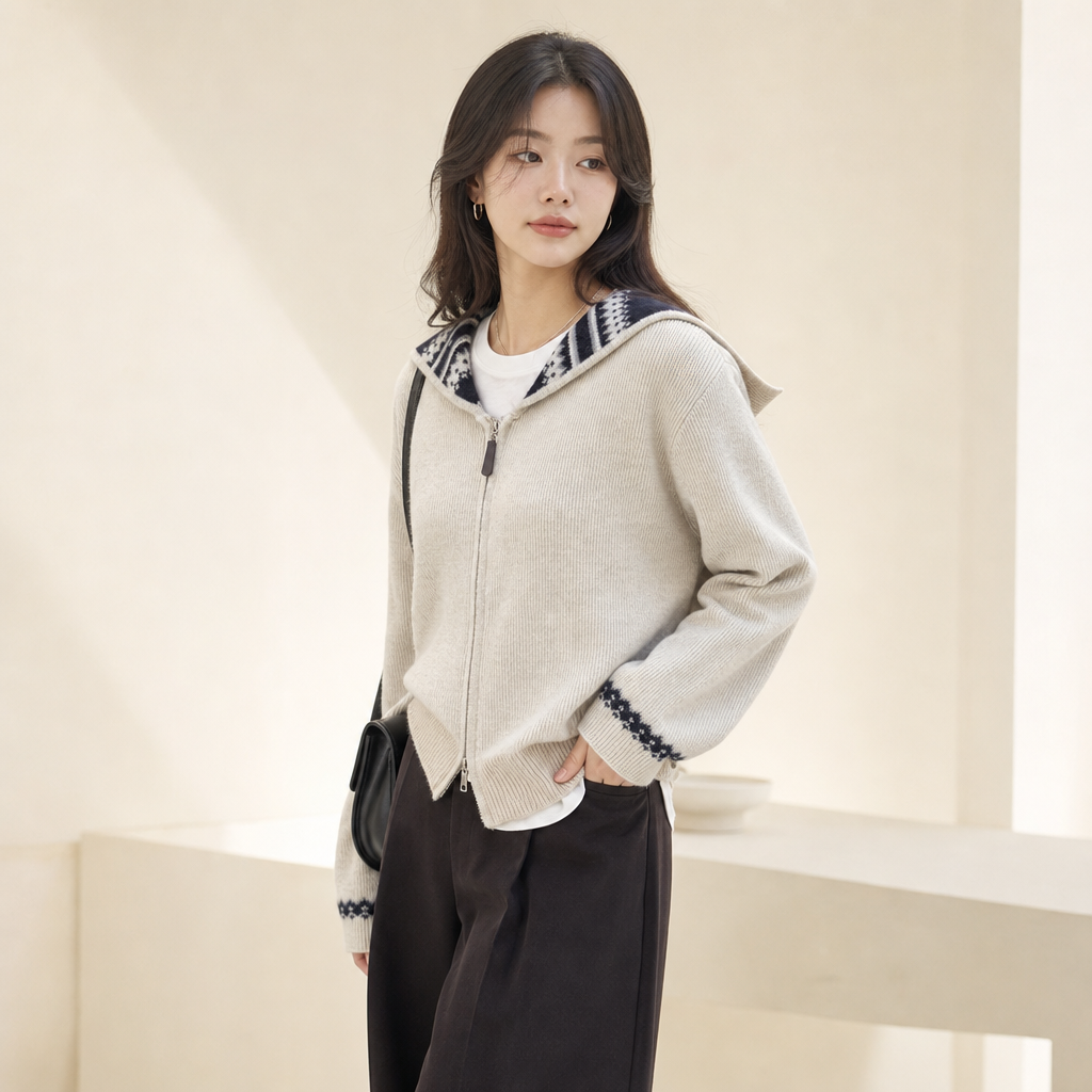 패션 스트라이프 투웨이 지퍼 여성용 긴팔 자켓