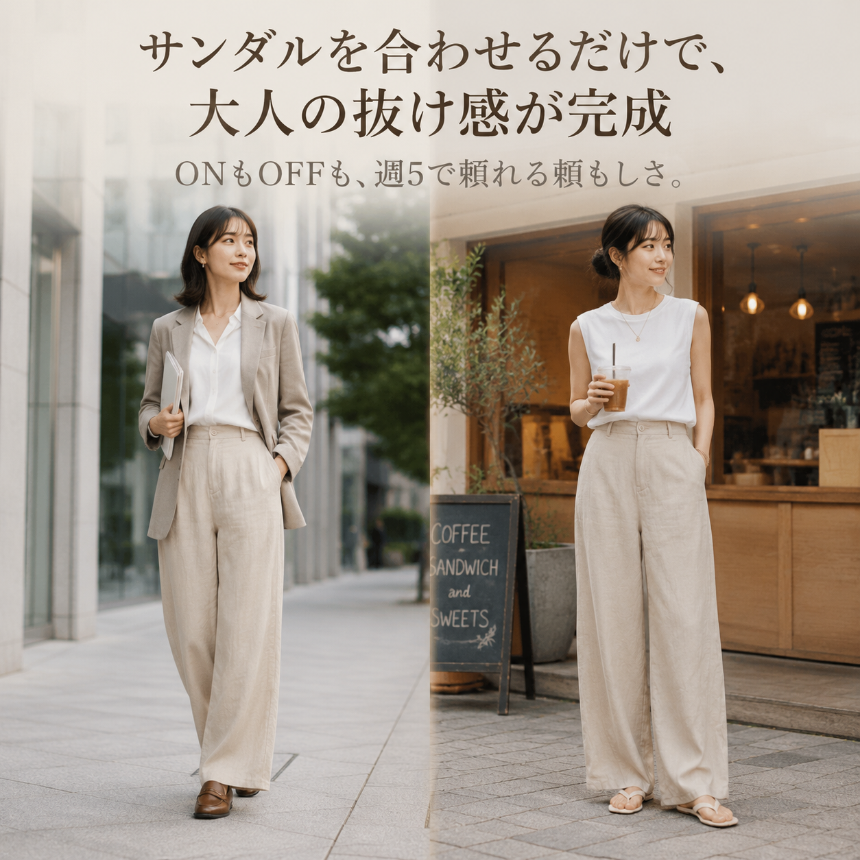 テンセルコットン混紡レディース夏用ゆったりワイドパンツ