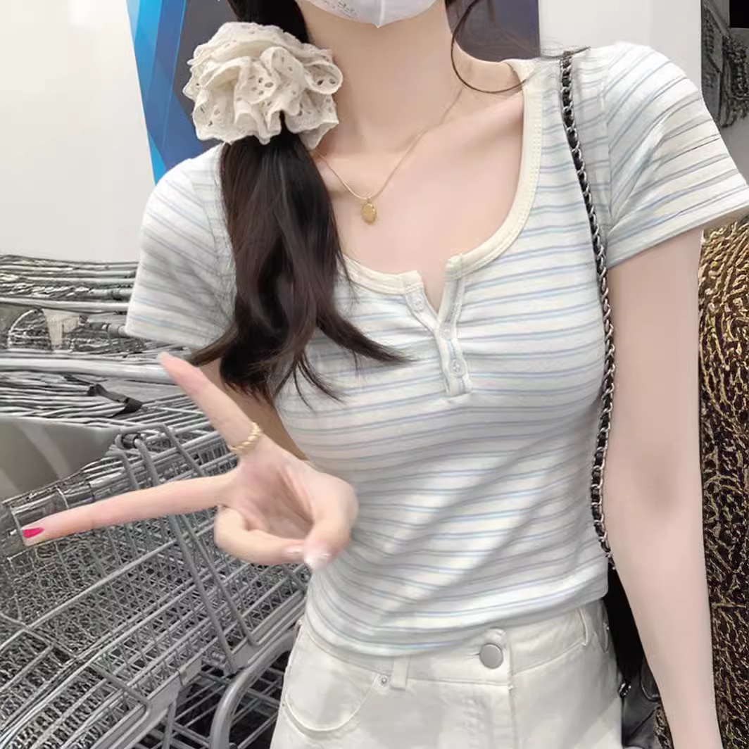 정어깨 스트라이프 반팔 티셔츠 여성 학생 숏 상의
