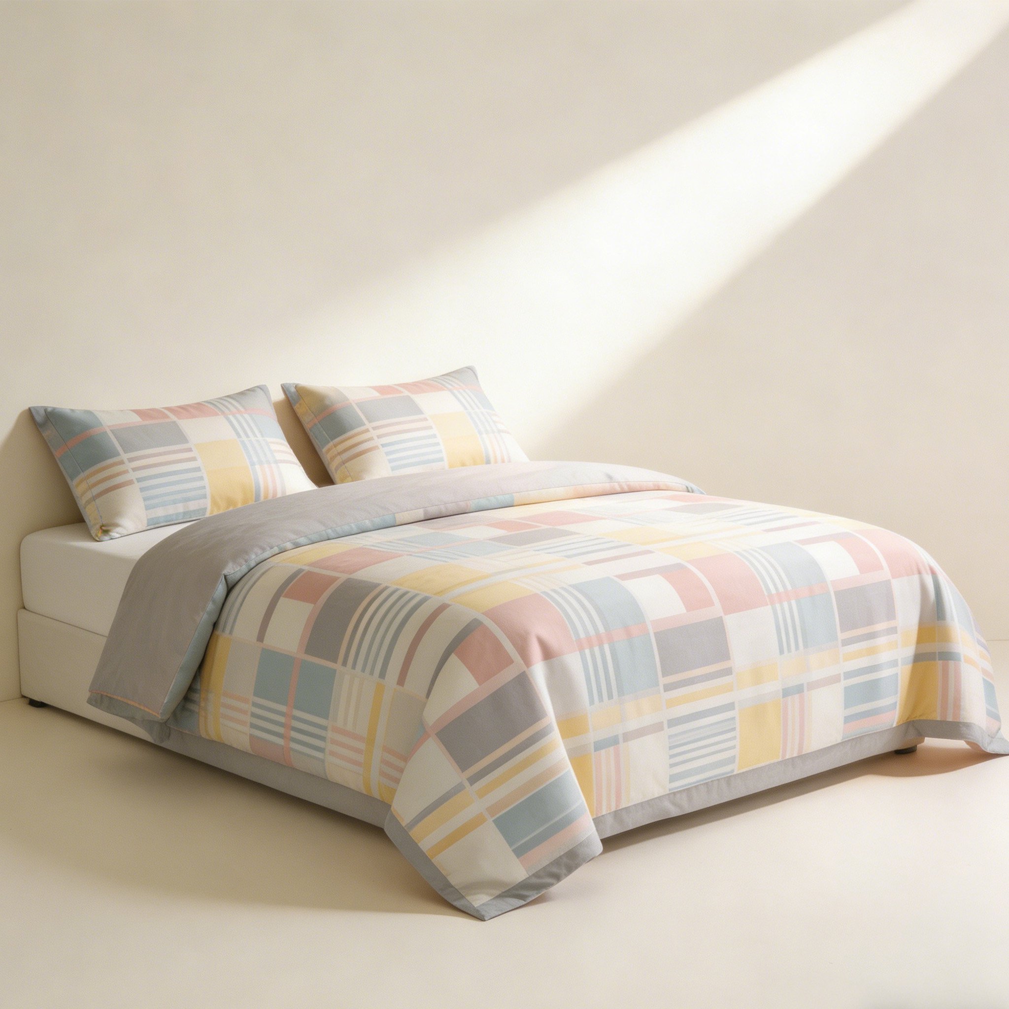 ナチュラルカラーのベッドルームと寝具セット