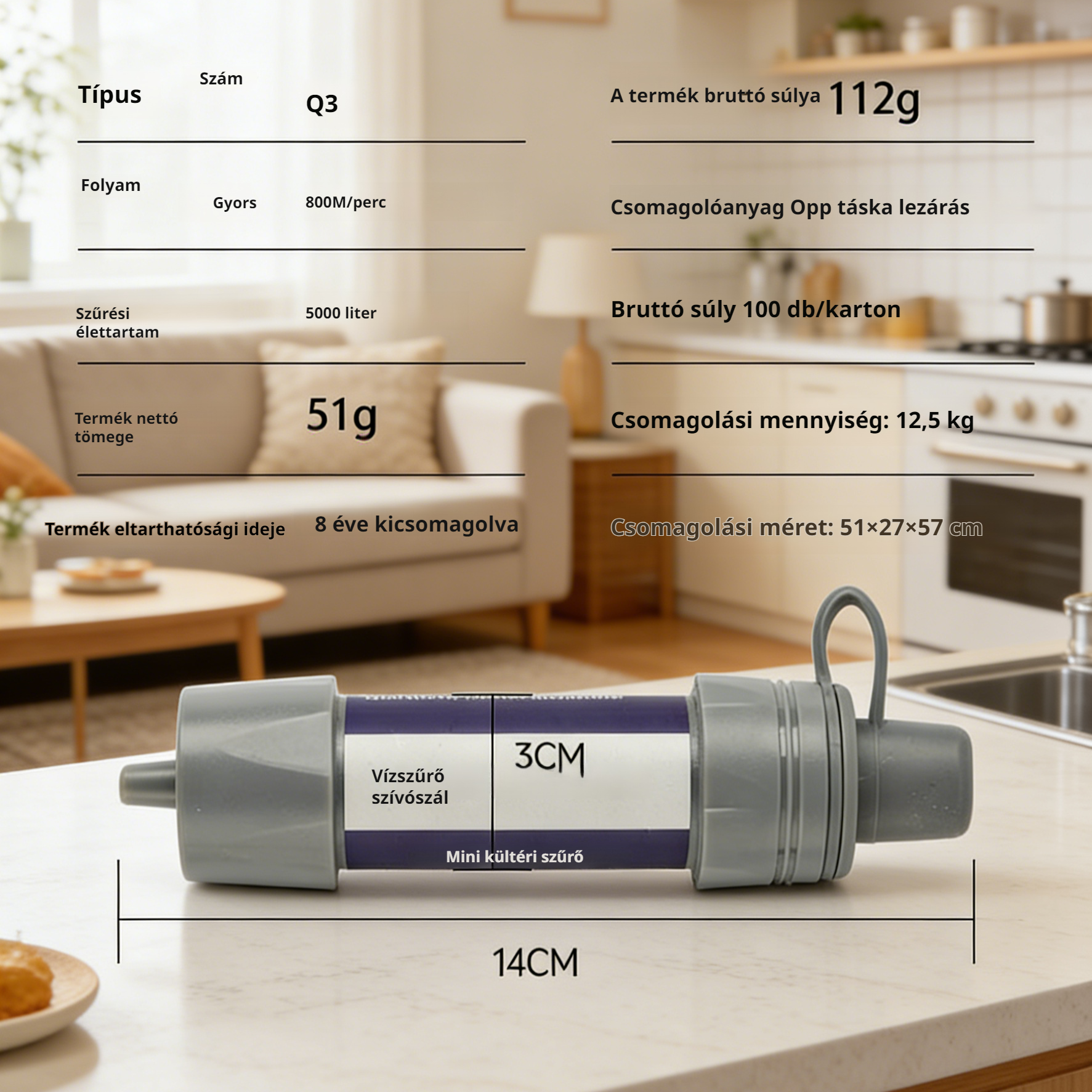 Hordozható víztisztító szívószál kültéri kempingezéshez és vészhelyzetekhez