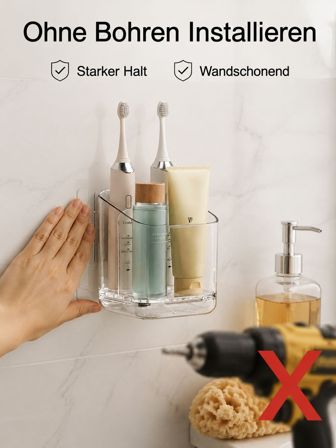 Wandmontierter Zahnbürsten- und Zahnpastahalter ohne Bohren, Badezimmerregal mit Ablage