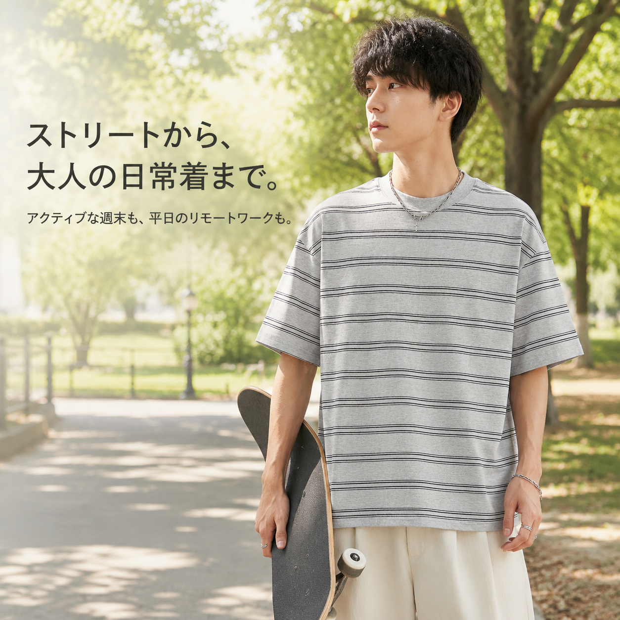 メンズ韓国風ヘビーウェイト細ストライプ半袖Tシャツ 220g