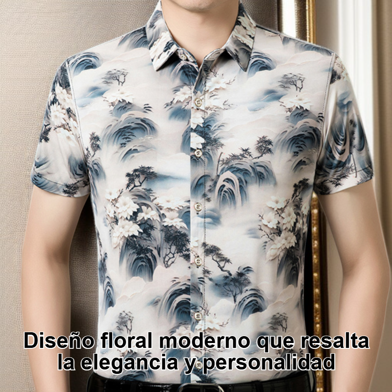 Camisa floral de manga corta de seda helada para hombre