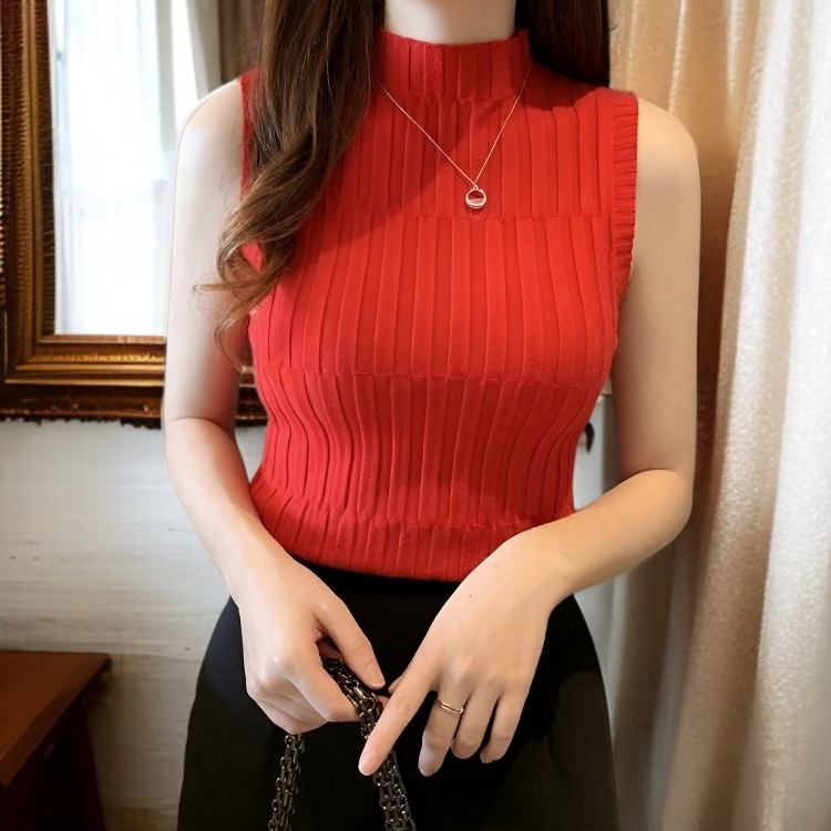 夏新作レトロハイネックスリムフィットニットトップス（女性用、ノースリーブ、万能ベースレイヤーベスト）