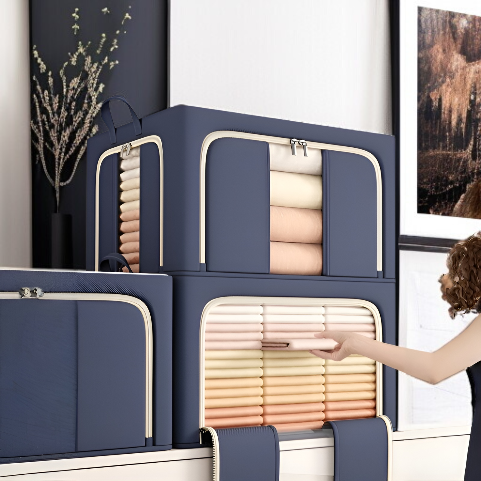 Faltbare Kleideraufbewahrungsbox mit Stahlrahmen, dreiseitige Öffnung, stapelbar, ideal für Futons