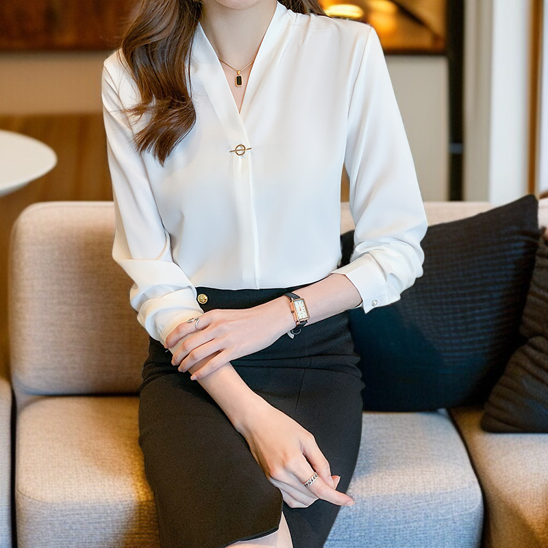 여성 화이트 긴팔 작업복 브이넥 긴팔 셔츠 패션 기질 정장 화이트 셔츠 여