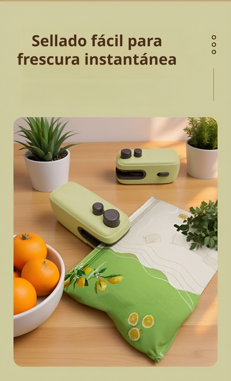 Sellador multifuncional cerrando una bolsa de alimentos frescos