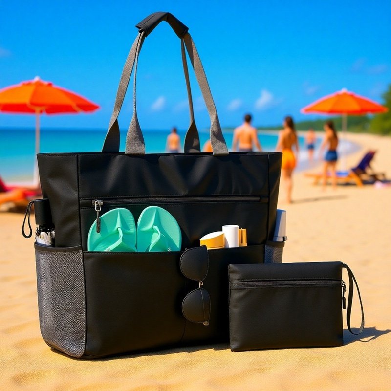 Folded beach handbag for easy storage and travel