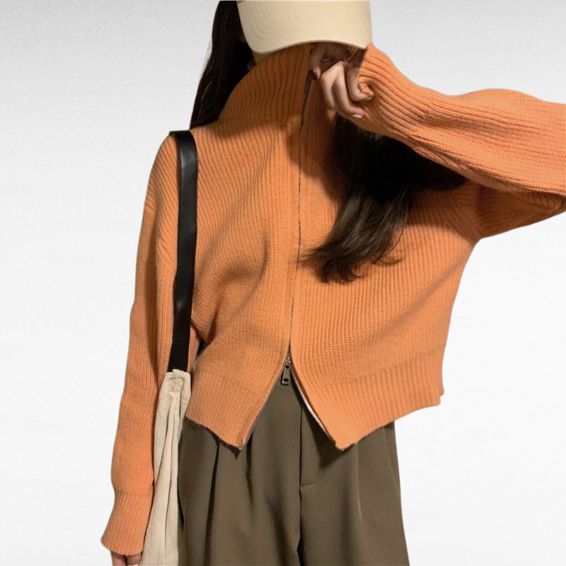 كنزة صوفية نسائية بتصميم كوري، بياقة عالية وسحاب، مثالية لخريف وشتاء