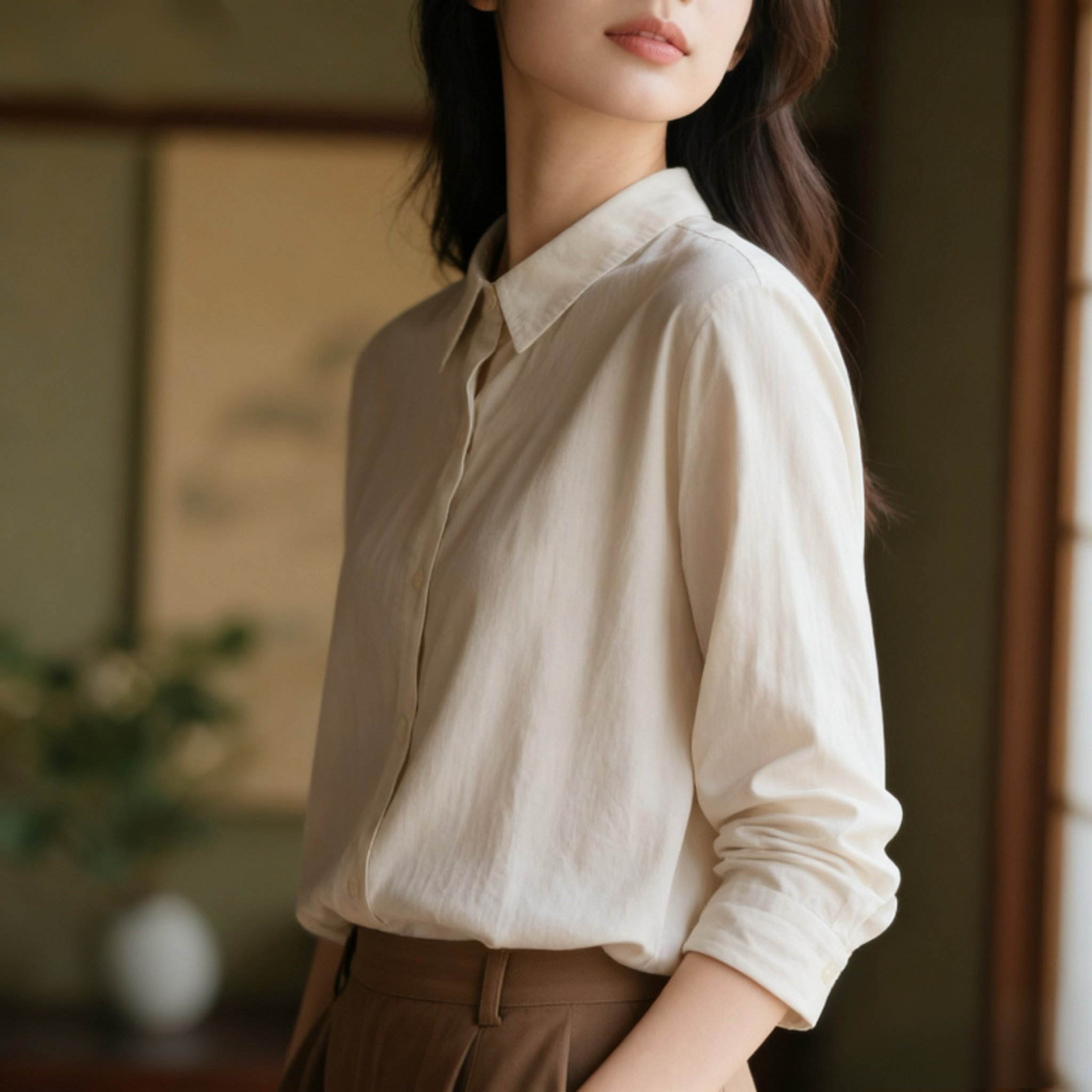 女性が着用する細見え効果のあるカジュアルシャツ