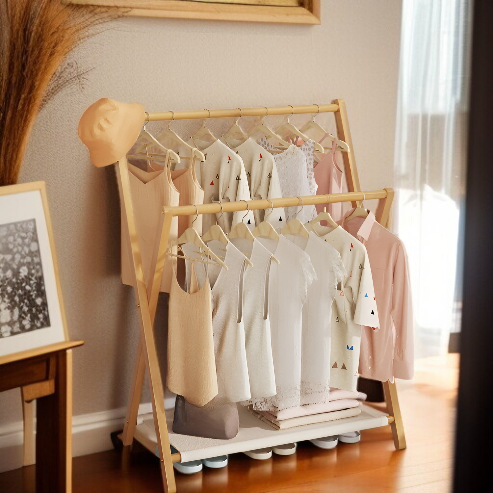 Bamboo folding indoor clothes rack/clothes hanger, simple clothes hanger, natural material, odorless