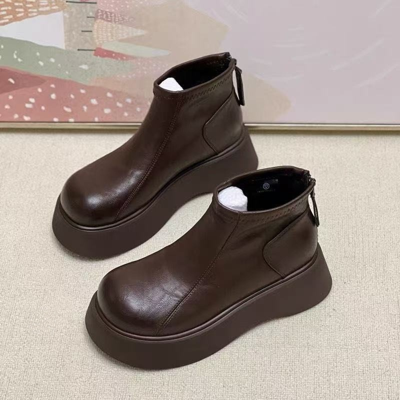 加絨厚底真皮短靴