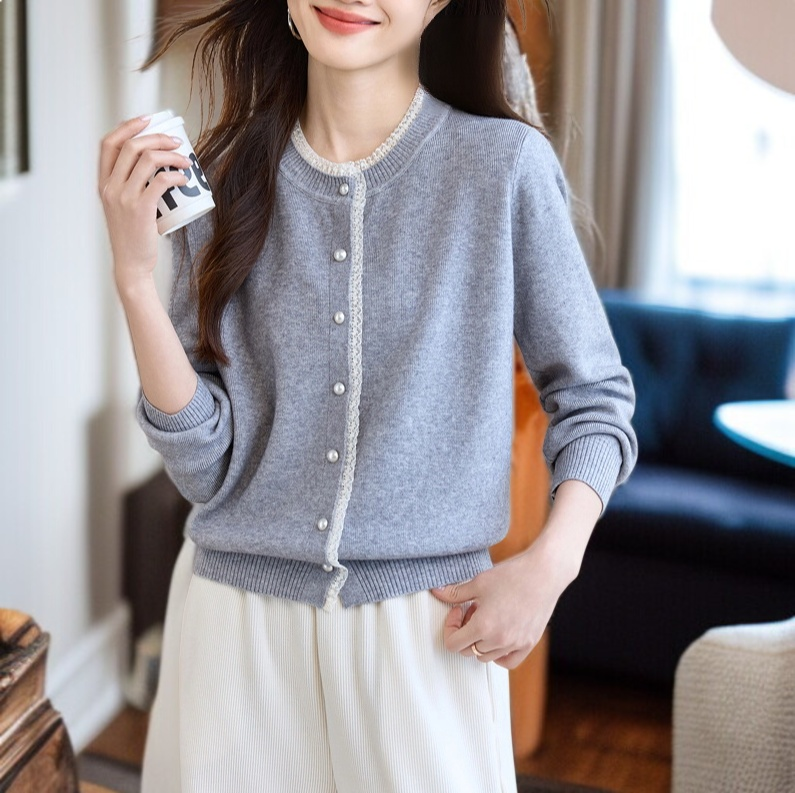 여성 그레이 니트 가디건 아우터 무드 상의 레이스 긴팔 니트