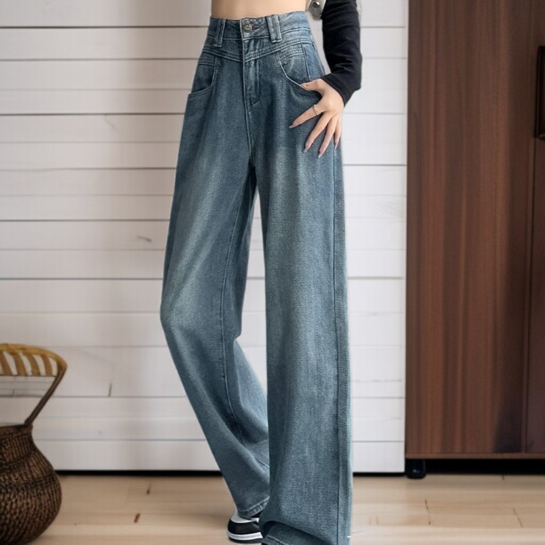 하이웨스트 슬림 와이드 팬츠 일자핏 데님 팬츠 여자 별 와이드 팬츠