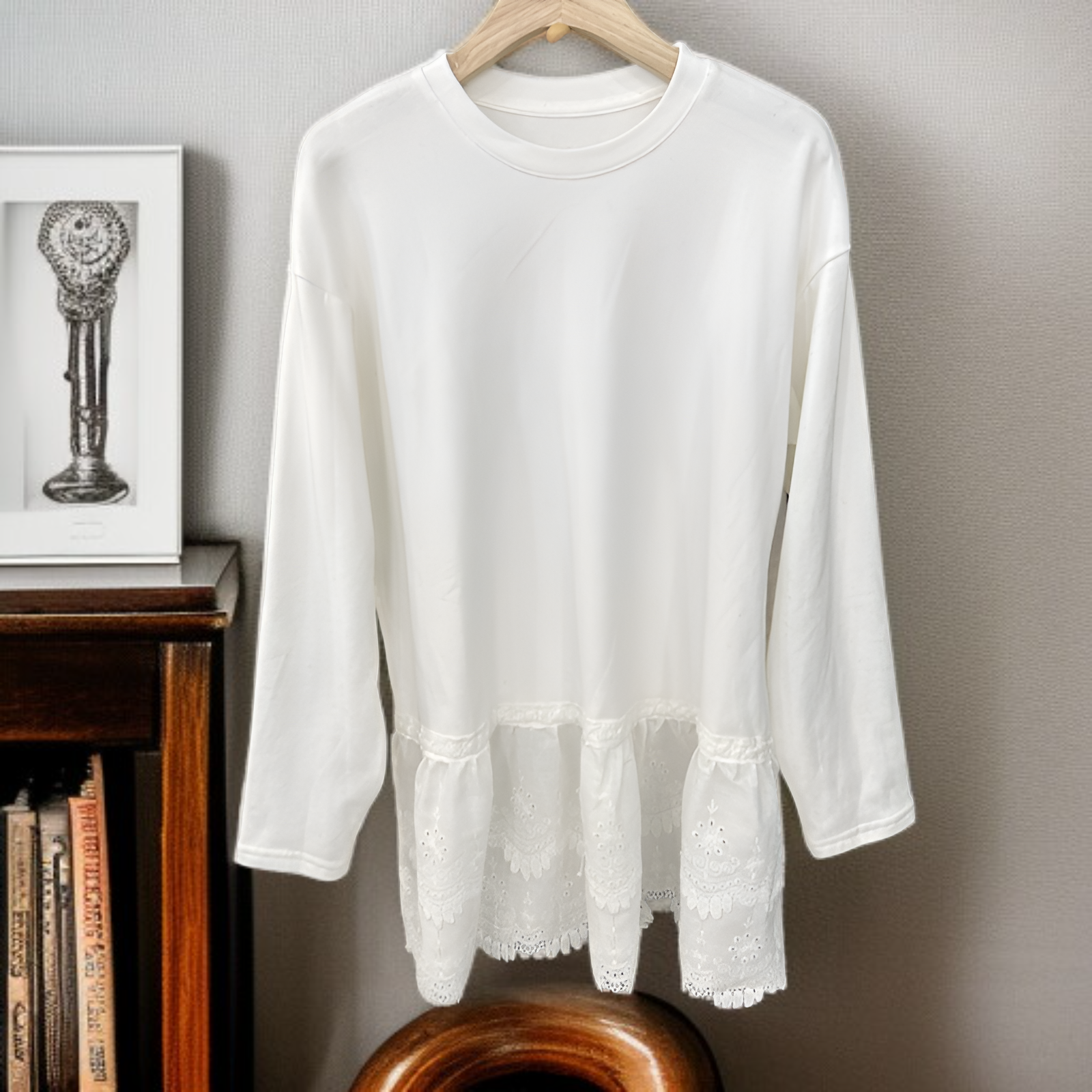 冬用レースヘムゆったり長袖Tシャツ レディース デロン素材スリム見せトップス