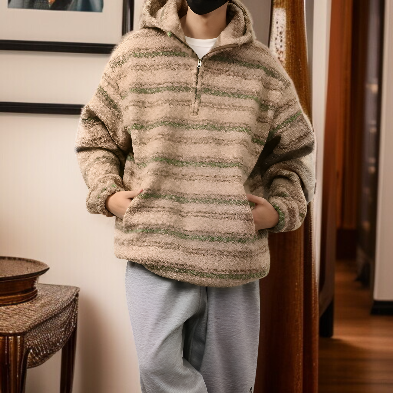 2026年春夏新作 メンズ トレンドのストライプ柄ルーズウールコートとレトロルーズニット