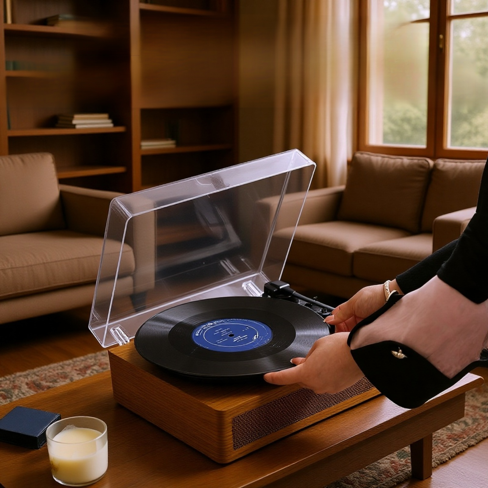 مشغل أسطوانات فينيل خشبي بتقنية بلوتوث مع غطاء مقاوم للغبار بتصميم عتيق على طراز الغراموفون