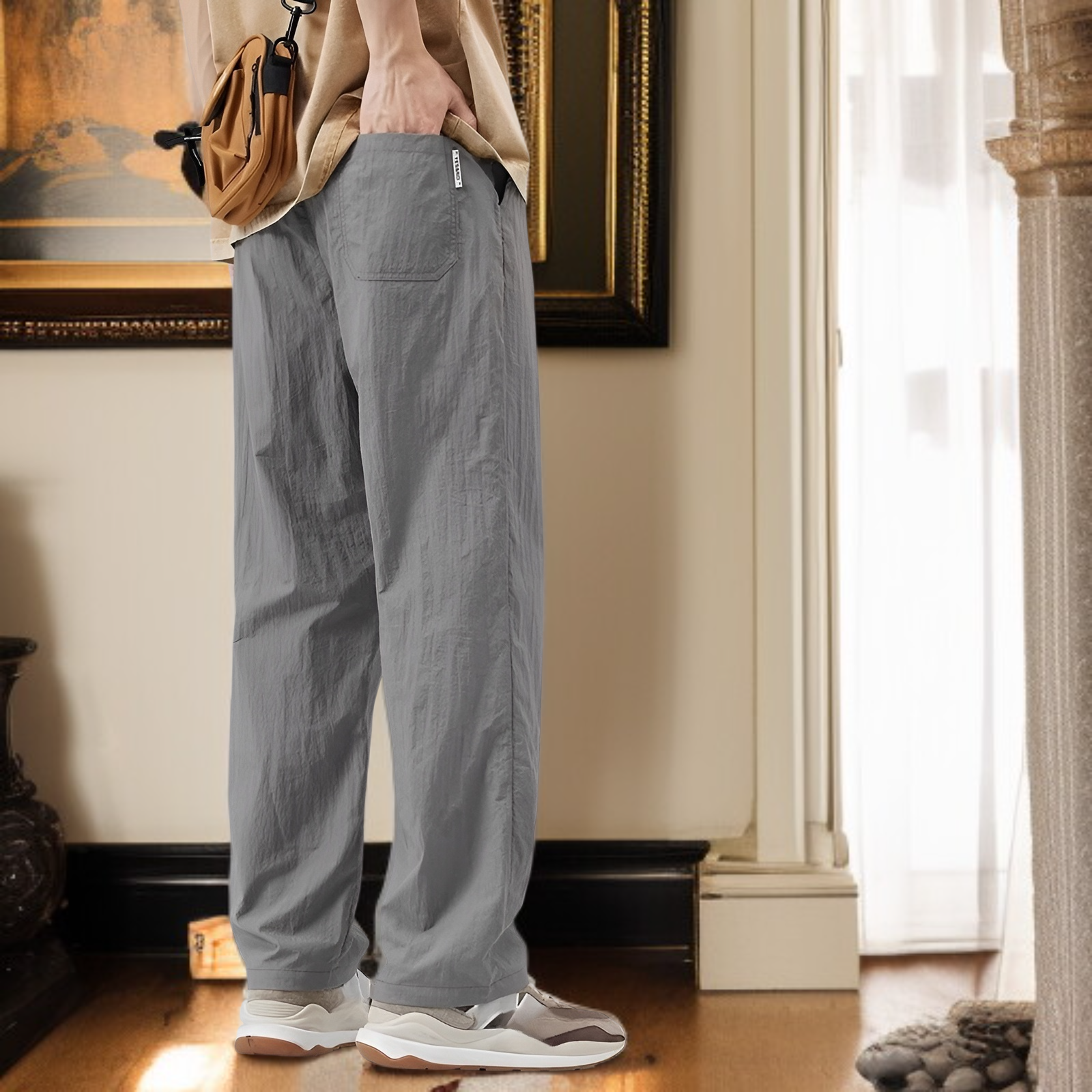 クールアイスシルクパンツメンズ夏薄手速乾ゆったりストレート作業着メンズパンツ夏スポーツカジュアルズボン