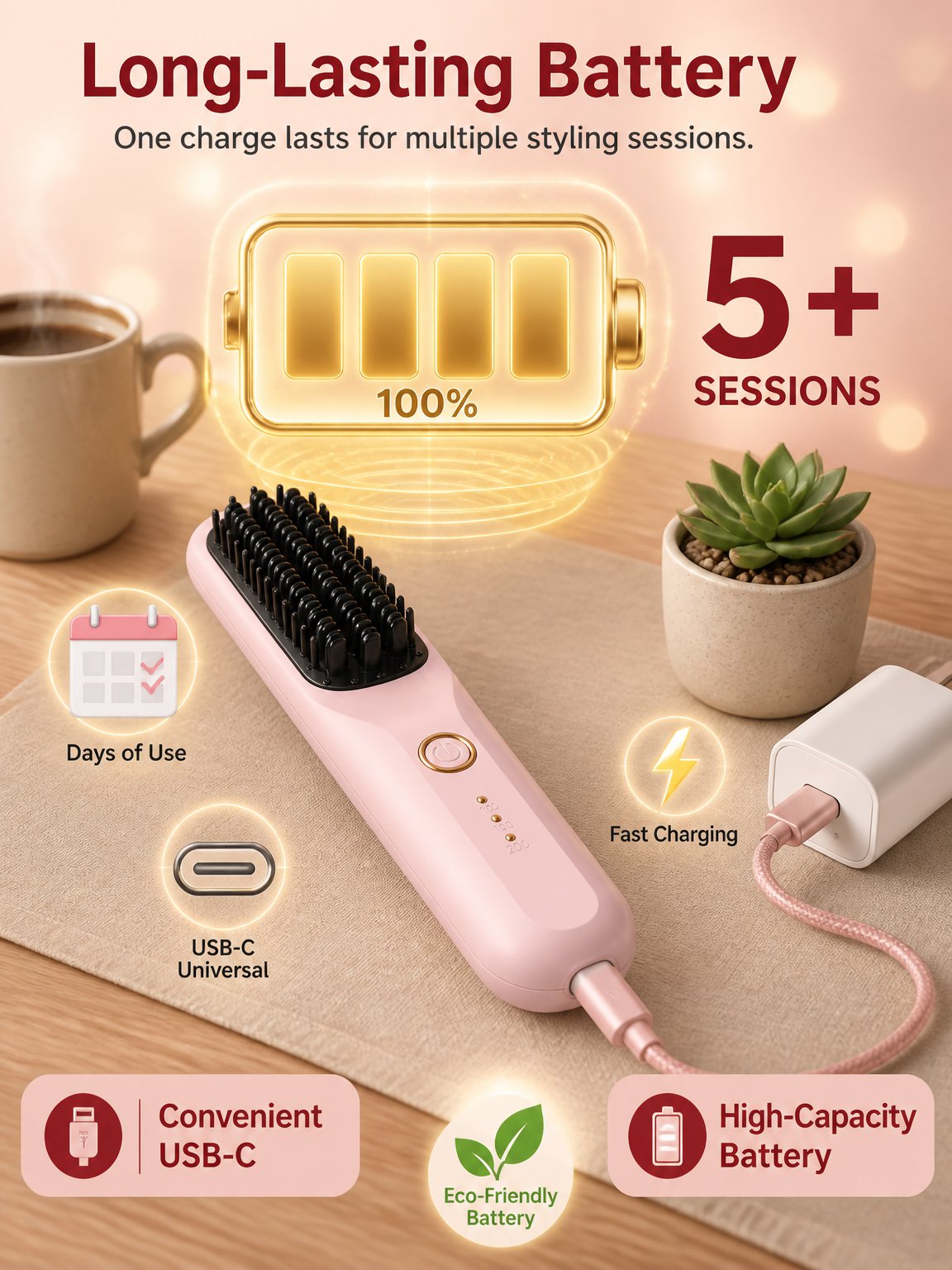 3 Seconds Smooth Ionic Cordless Hair Straightening Brush