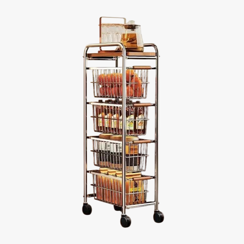 Multi-layer vintage kitchen narrow storage trolley, pull-out refrigerator side rack