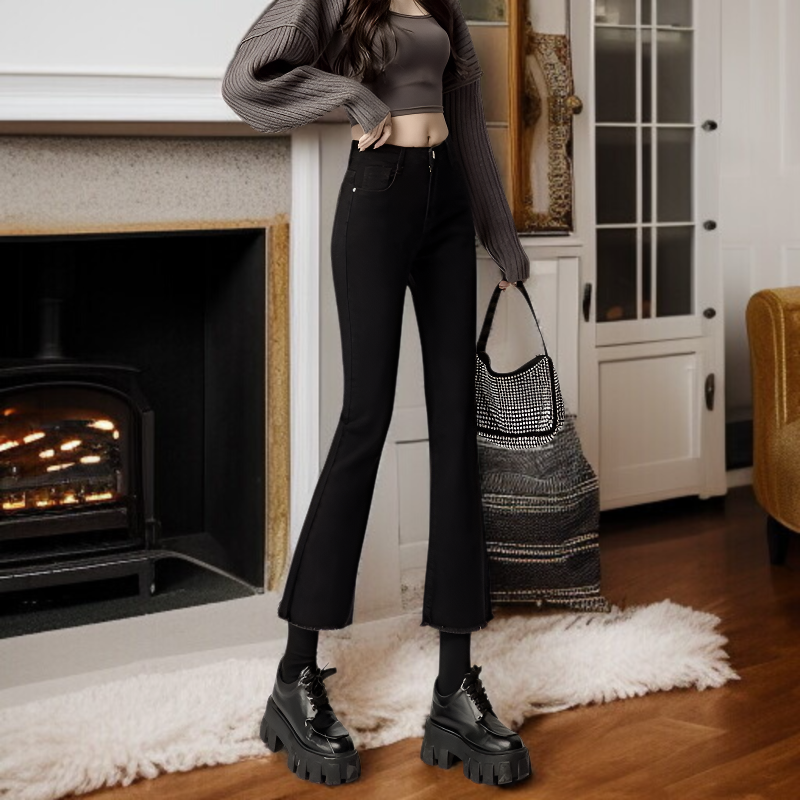 秋の女性用の黒のわずかにフレアのイミテーションジーンズ、小柄な人向けの韓国バージョン、ハイウエスト、スリムな89ポイント、多用途のカジュアルベルボトムパンツ