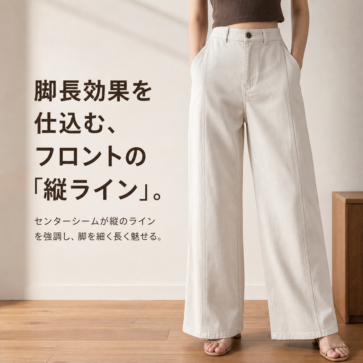 小柄女性用 九分丈ストレートワイドワークパンツ ゆったり細見えカジュアルパンツ