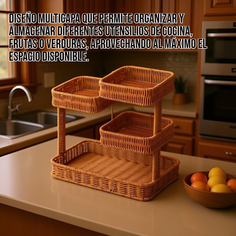 Cesta de almacenamiento de ratán multicapa para cocina.