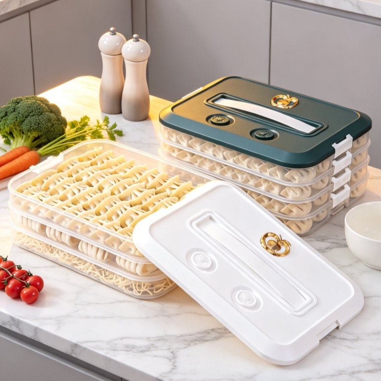 Großer, mehrlagiger, tragbarer, transparenter Frischhaltebox für Kühlschrank und Dumplings