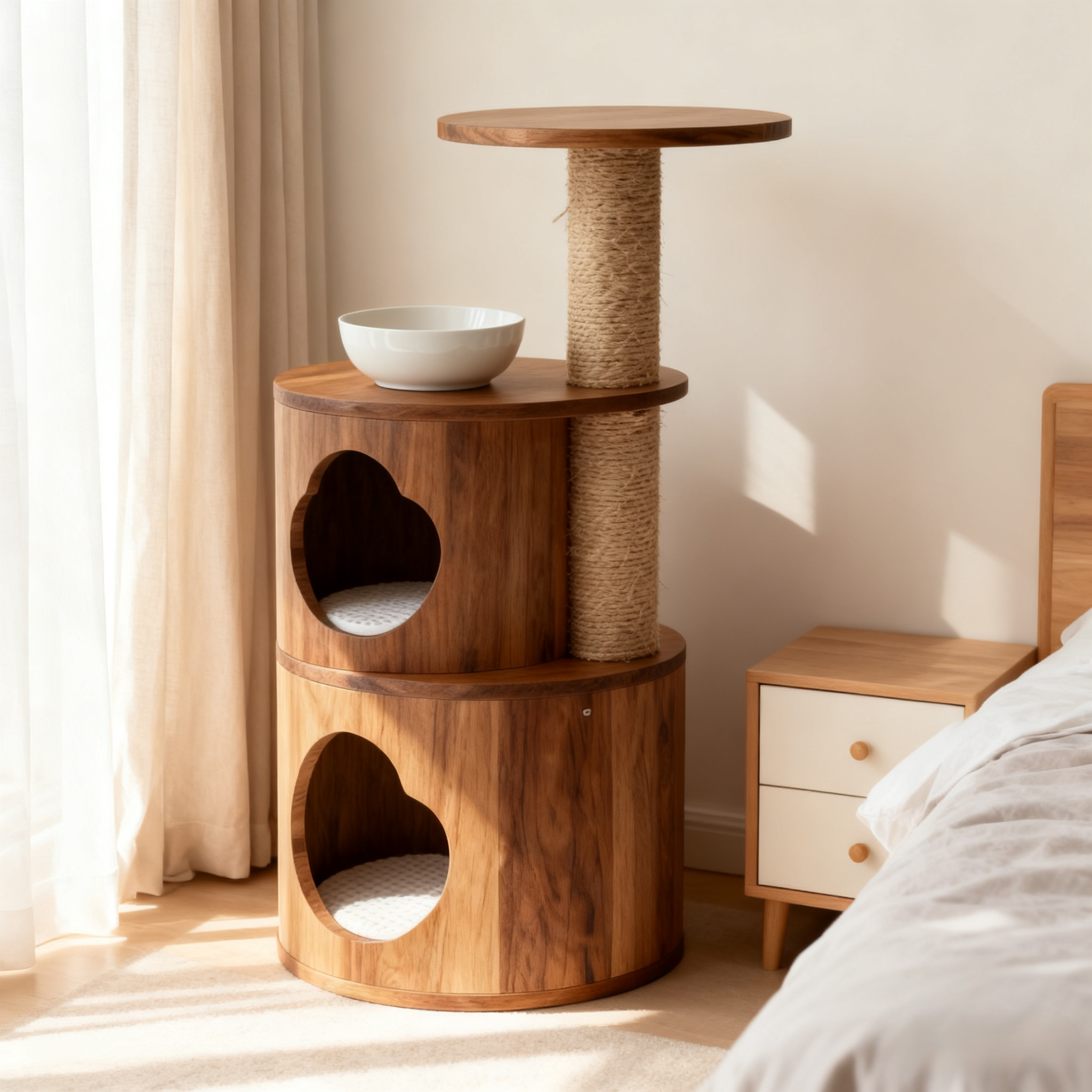 Dřevěná kočičí konstrukce s pelíškem a škrabadlem pro velké kočky