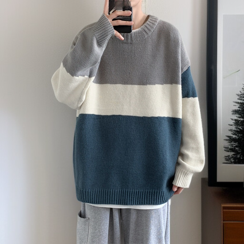 컬러 블록 크루넥 스웨터