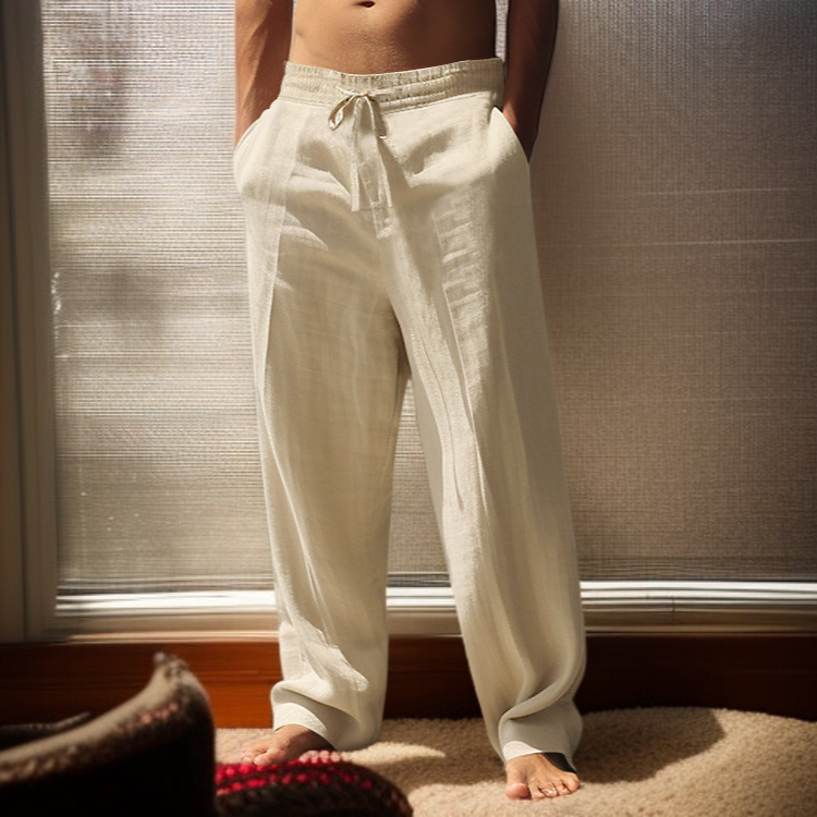 メンズの通気性に優れたコットン＆リネンのストレートレッグパンツ