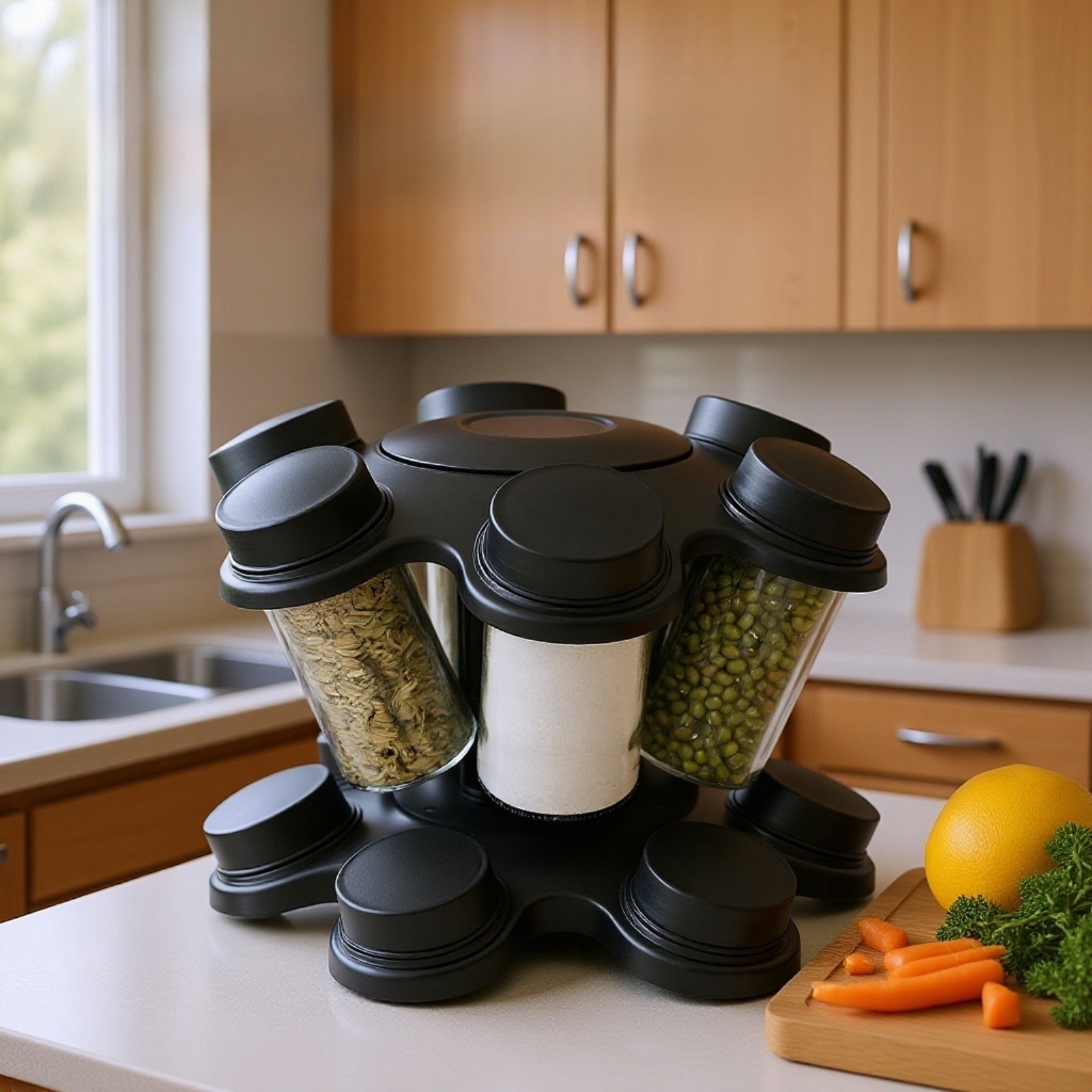 주방에 배치된 360도 회전 조미료 랙