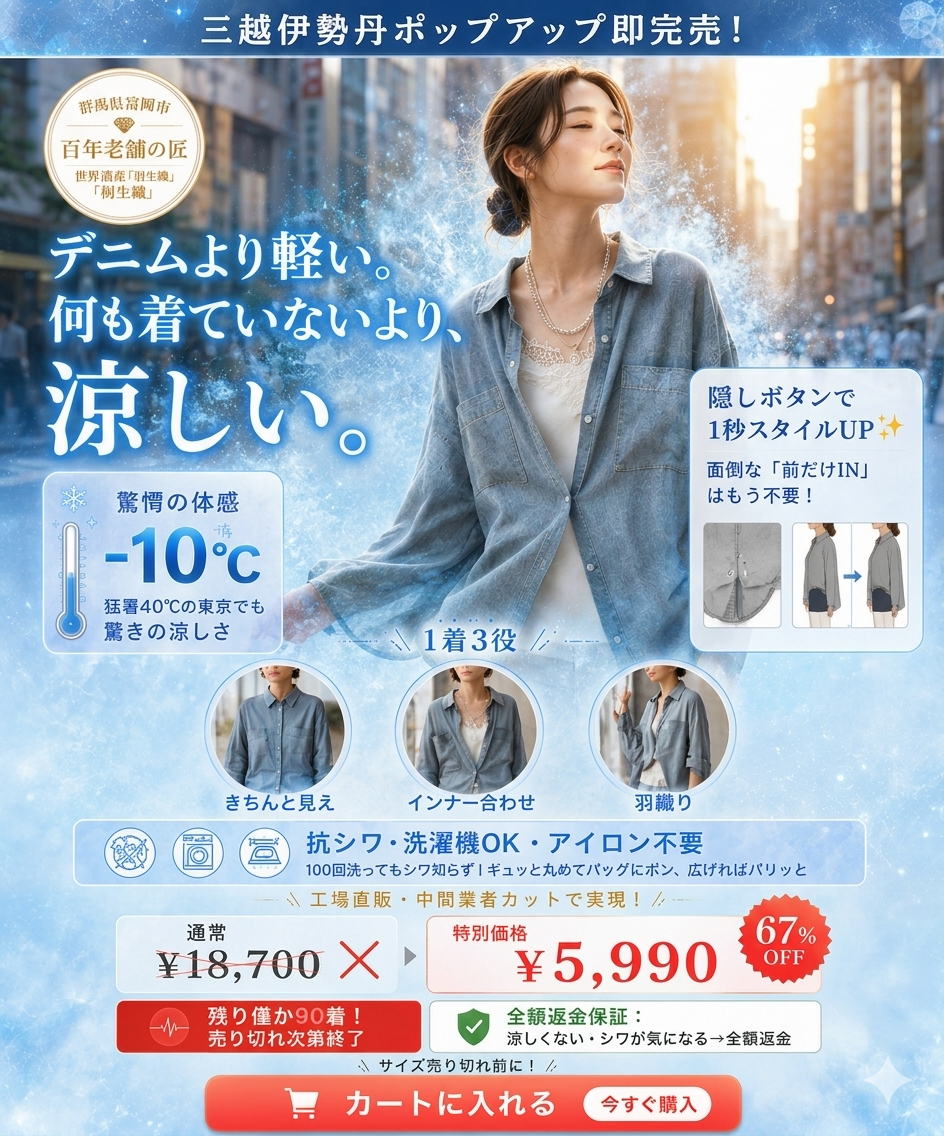 【新感覚】とろみシフォンデニムシャツ レディース ブラウス 夏 涼しい UV対策 隠しボタン 1秒アレンジ 体型カバー シワレス 羽織り 大人カジュアル