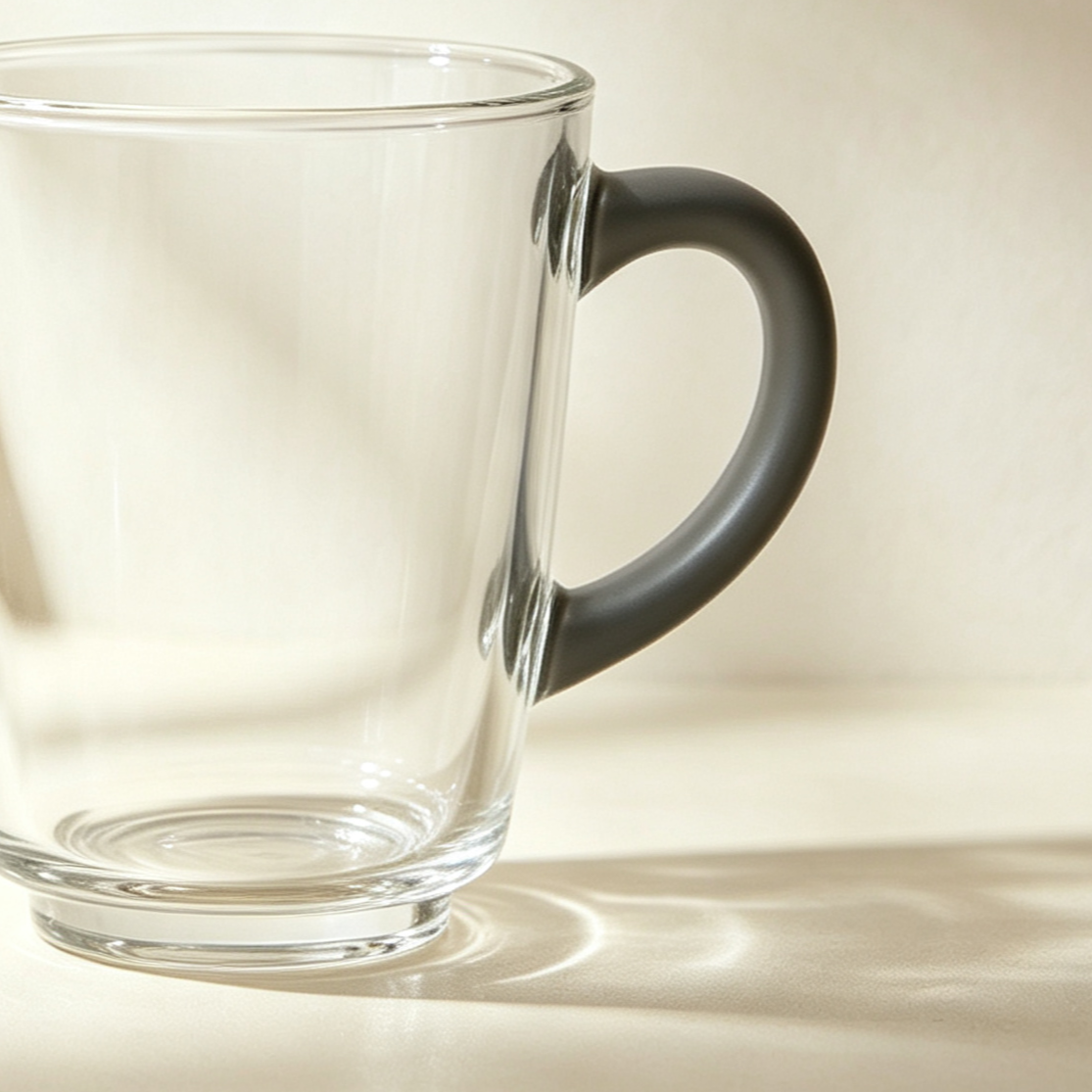 Set of 5 glass-handled mugs arranged on a kitchen table