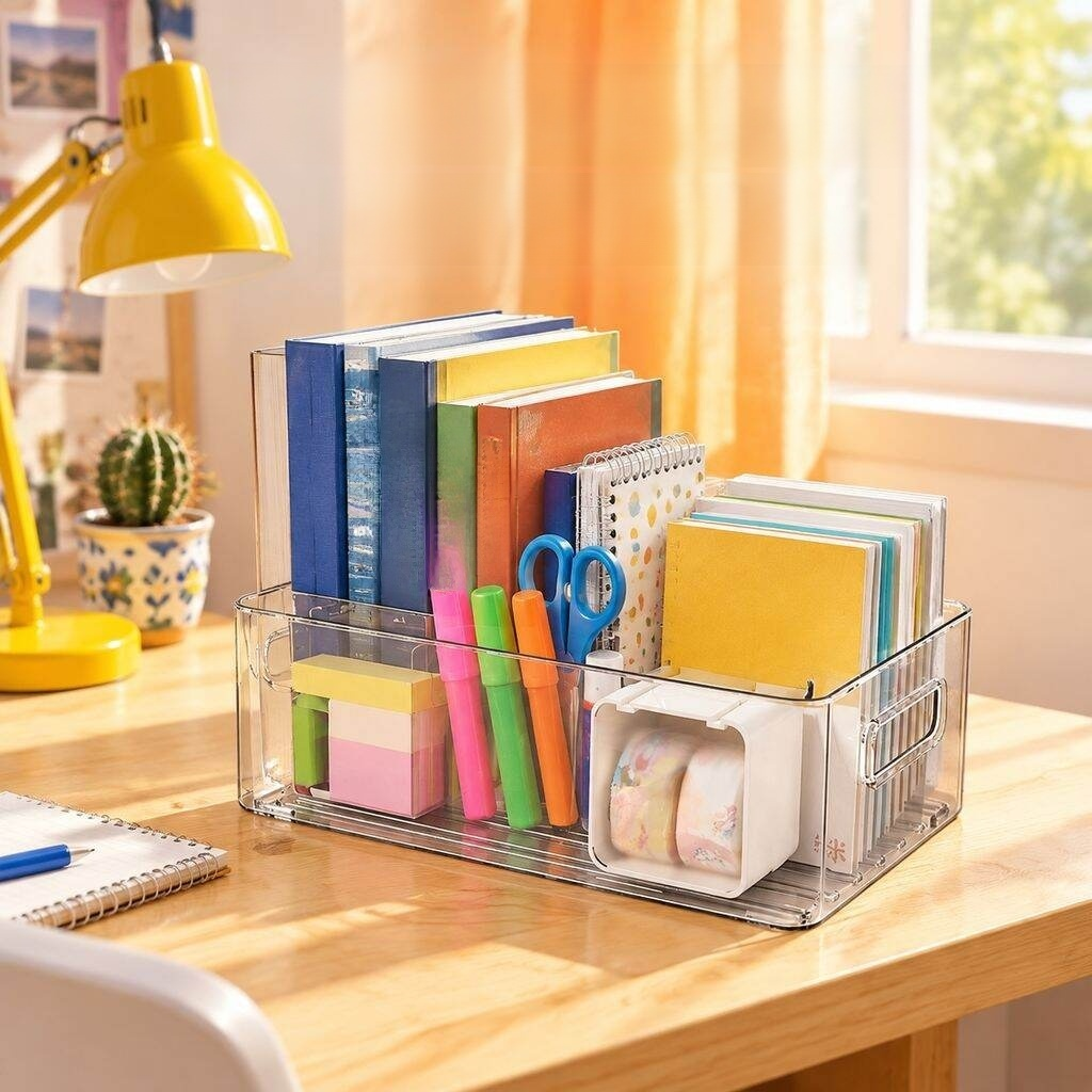 Caja de almacenamiento acrílica transparente con documentos organizados en su interior
