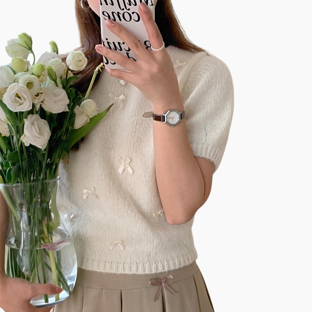 여성 풀오버 입체 니트 리본 장식 퍼프 니트