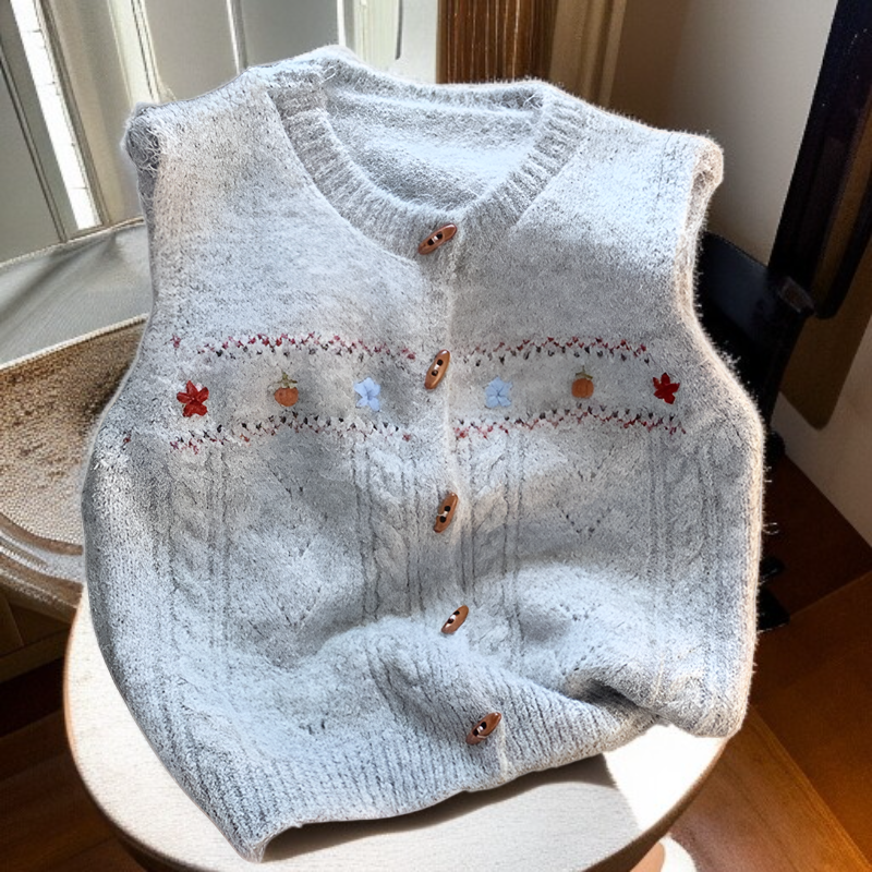 레트로 니트 베스트, 핸드메이드 플라워 패턴 스웨터
