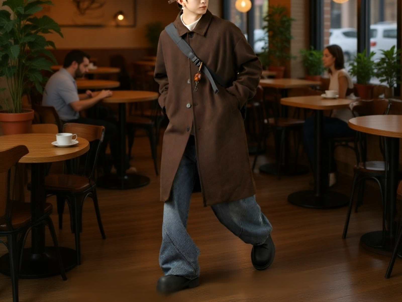 Férfi kétoldalas gyapjú kabát japán stílusban