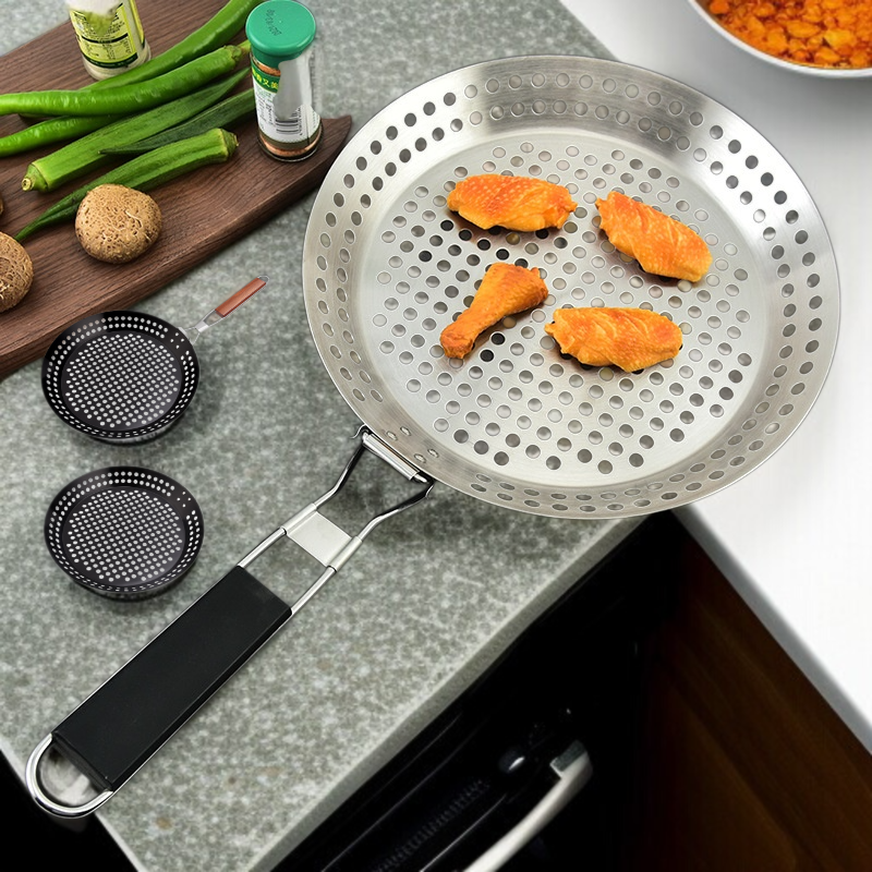 휴대용 Bbq 불판 야외 접이식 야채판 원형 펀칭 불판 나무 손잡이 야외 바베큐 접시