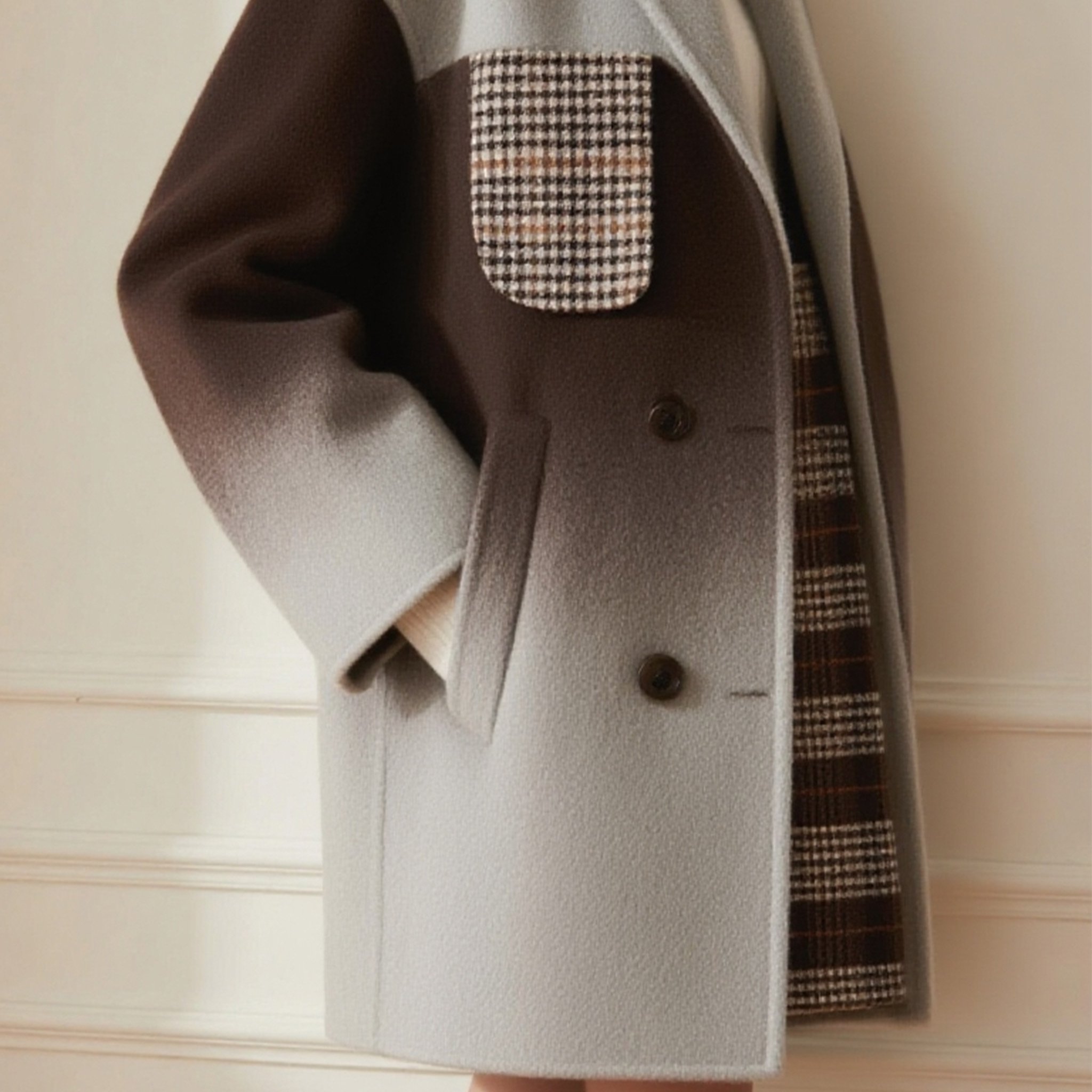 그라데이션 체크 울 배색 코트