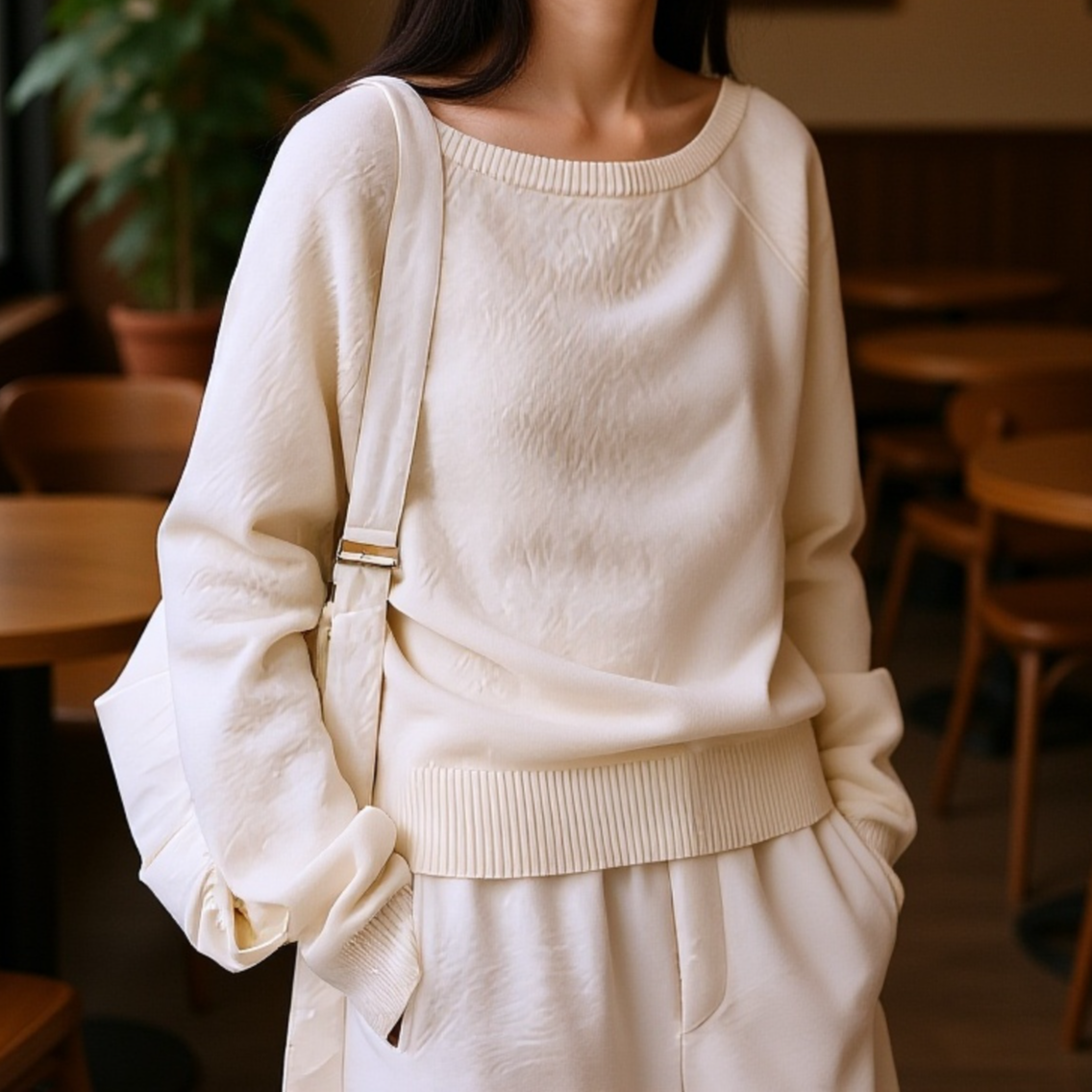 オフショルダーのウールセーター。柔らかくて暖かい。