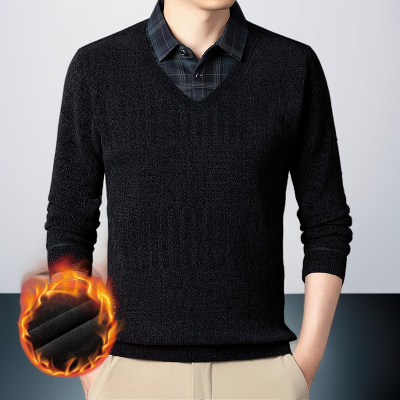 남성 가짜 더블 기모 체크 칼라 스웨터