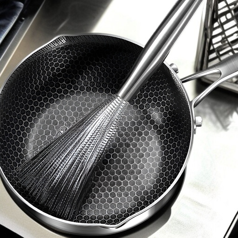 Long Handle Stainless Steel Pot Brush Kitchen Oil Cleaning Brush