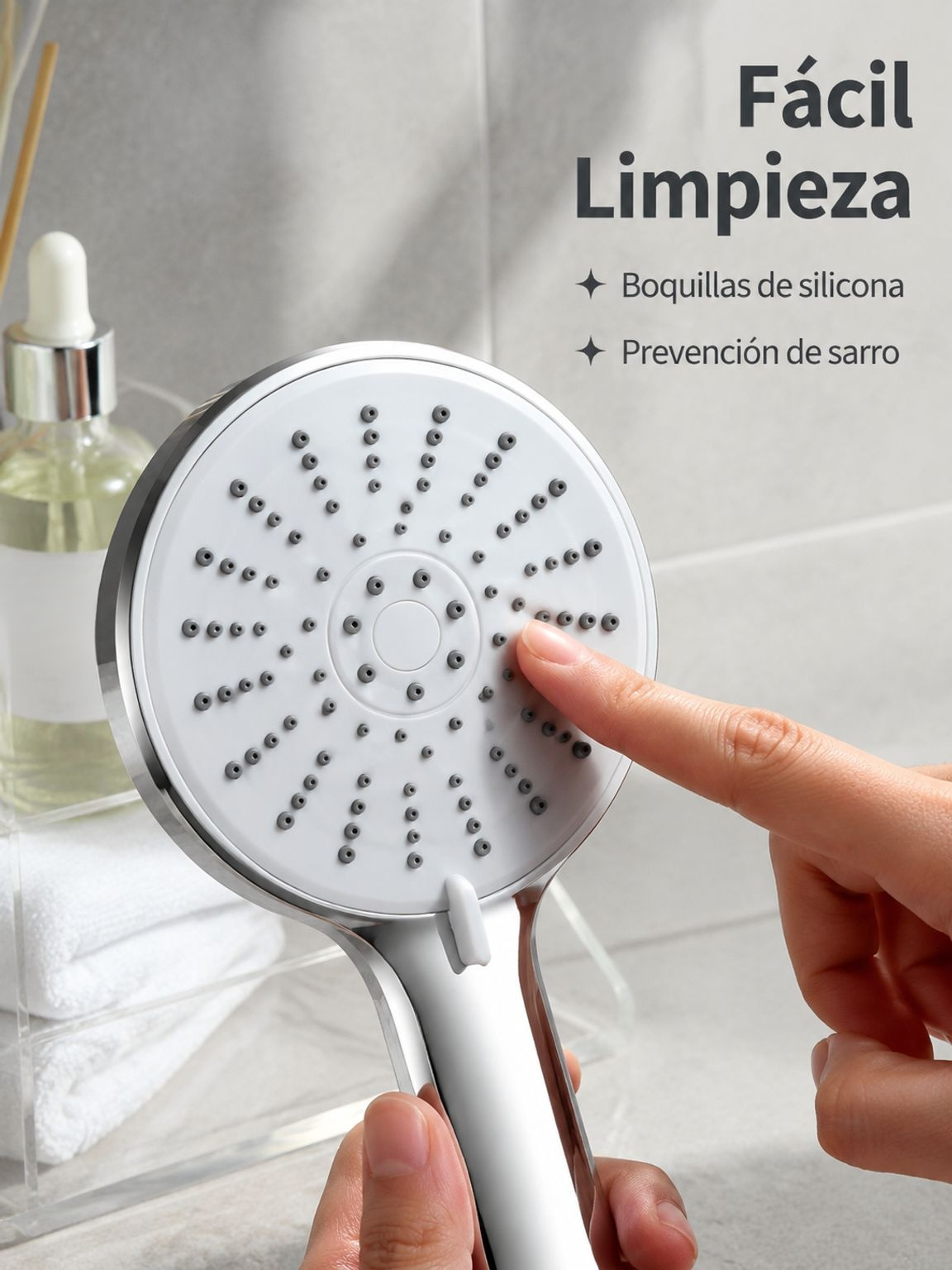 Regadera manual de cinco modos con panel de silicona