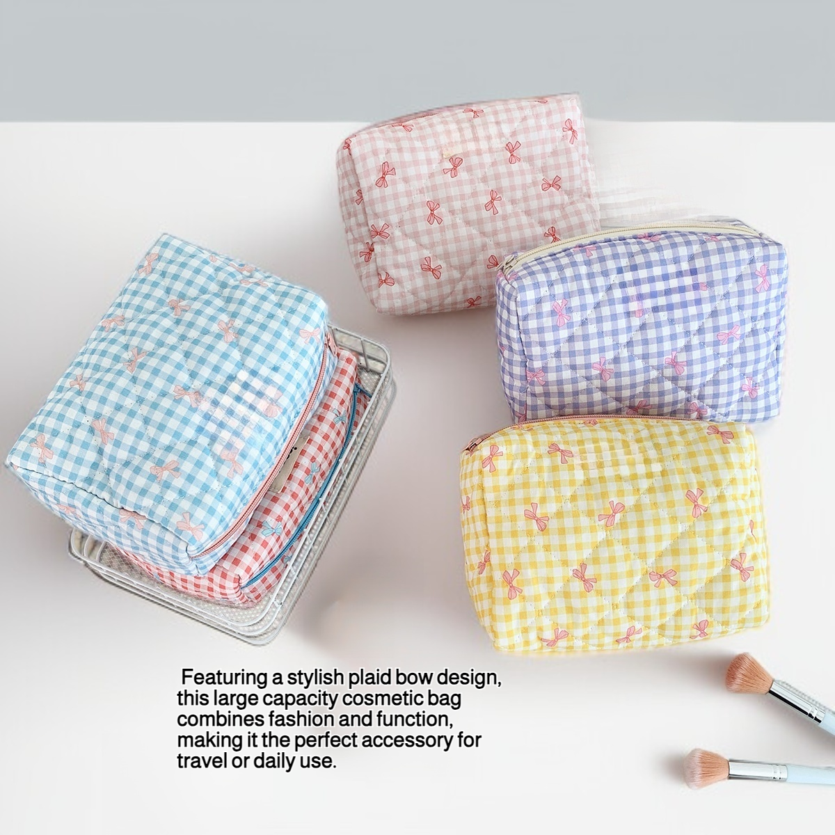 Large capacity cosmetic bag with plaid bow, portable toiletry bag