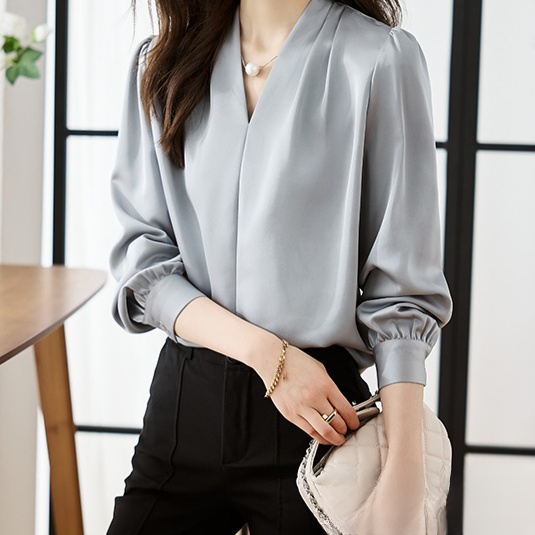 女士秋季通勤V領緞面雪紡襯衫 氣質上衣