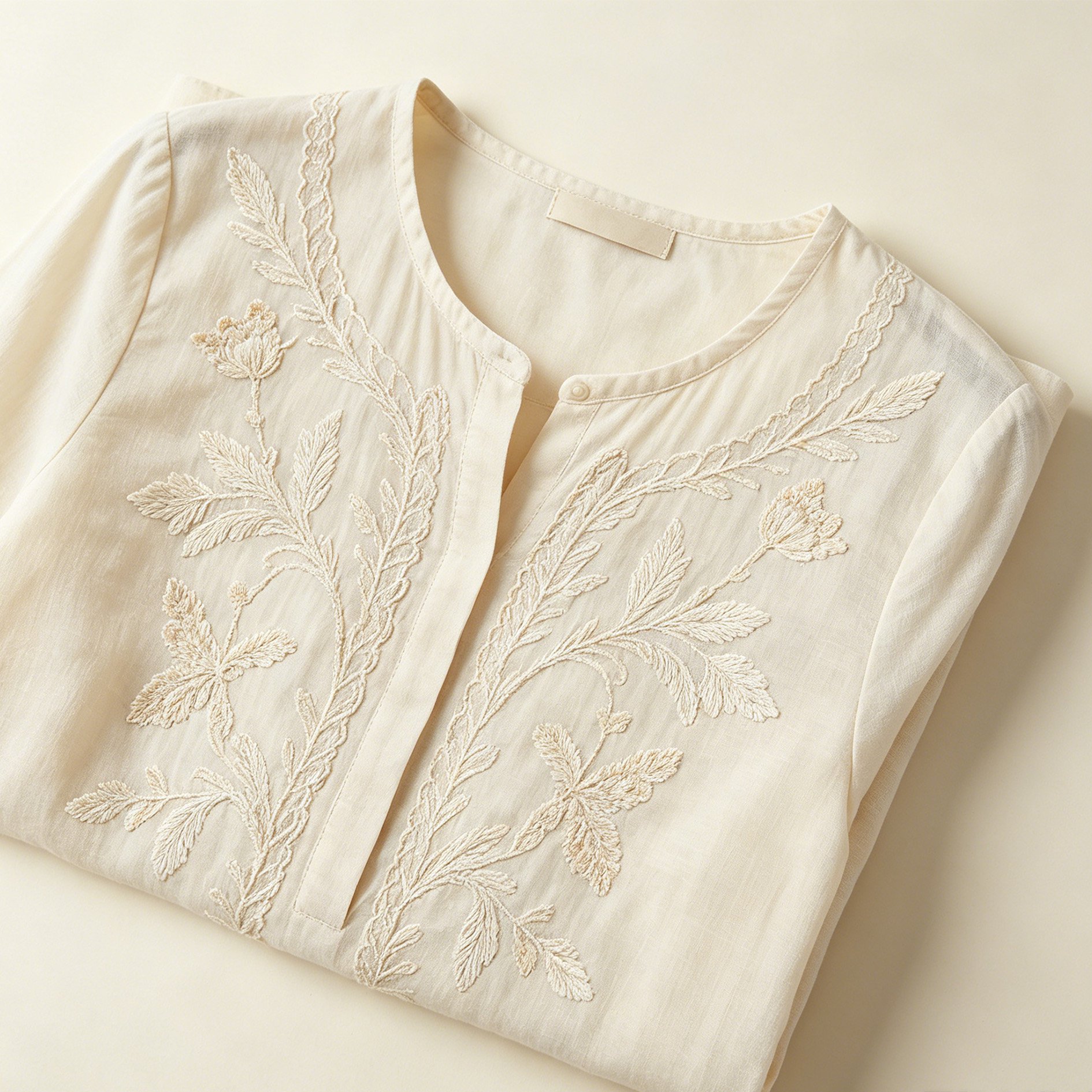 淡い杏色の蝶の刺繍入りテンセルブラウス